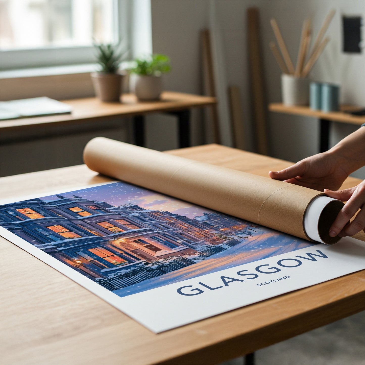 Glasgow Poster - Scotland Travel Print - Cozy Winter Night Wall Decor