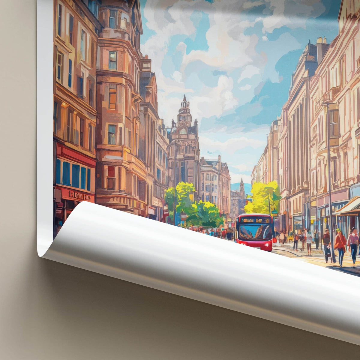 Glasgow Poster - Scotland Wall Art - Red Bus Streetscape Home Decor