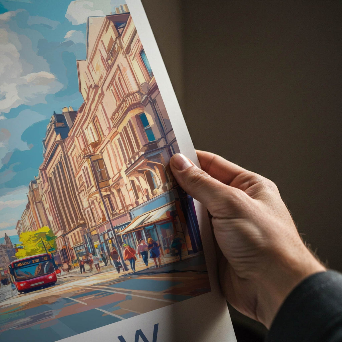 Glasgow Poster - Scotland Wall Art - Red Bus Streetscape Home Decor