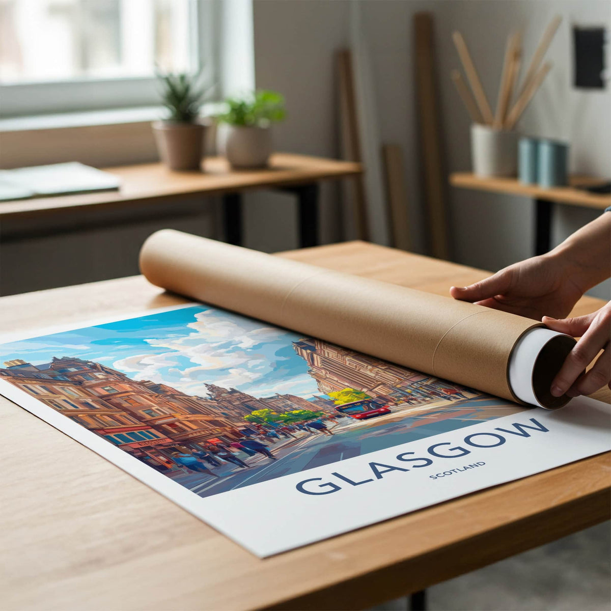 Glasgow Poster - Scotland Wall Art - Red Bus Streetscape Home Decor