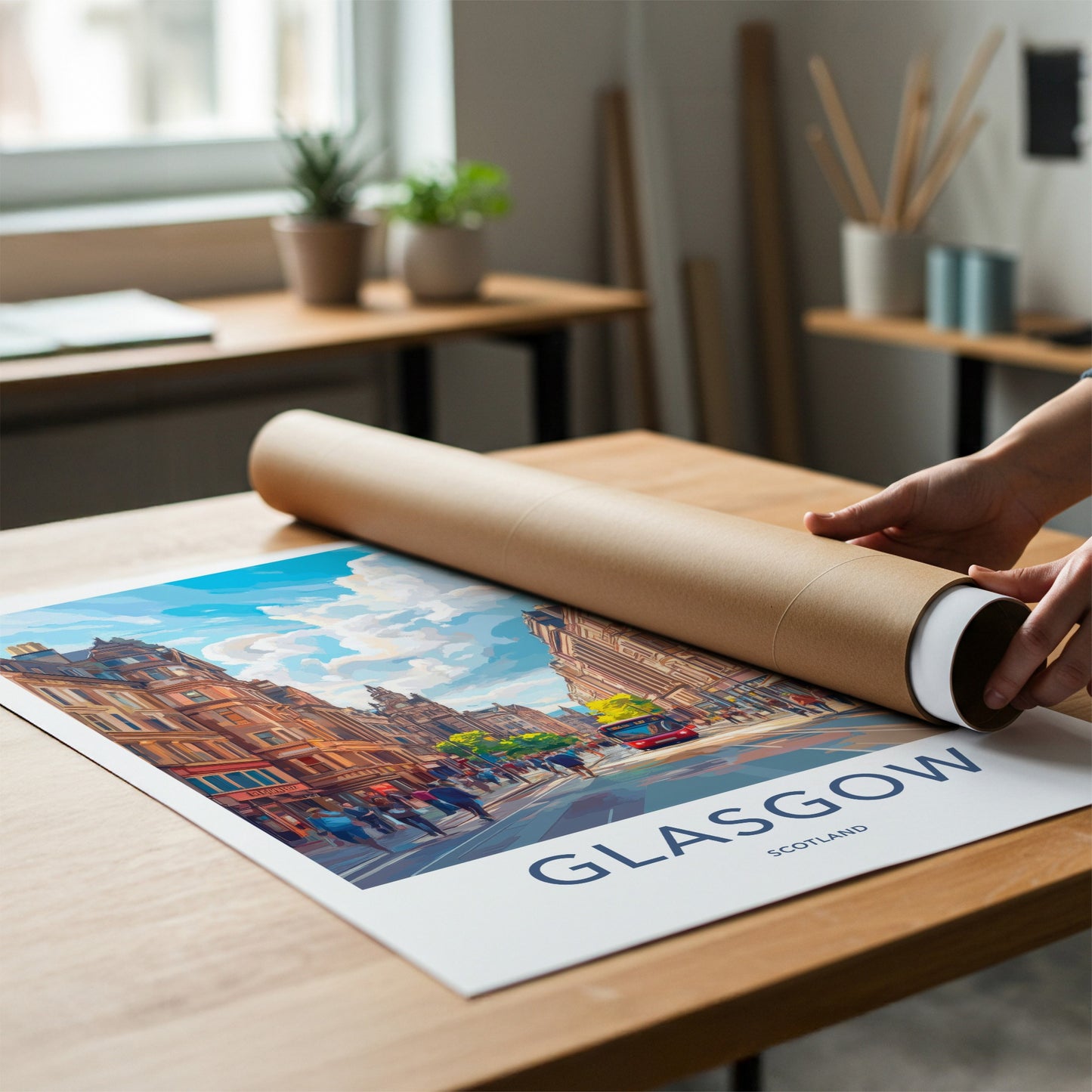 Glasgow Poster - Scotland Wall Art - Red Bus Streetscape Home Decor