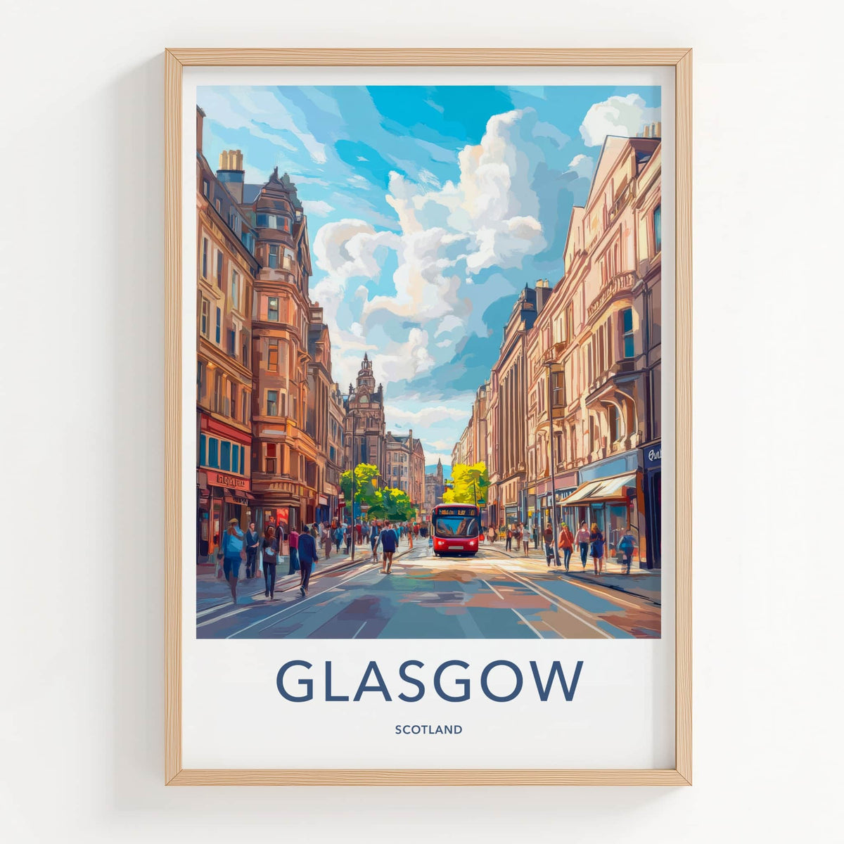 Glasgow Poster - Scotland Wall Art - Red Bus Streetscape Home Decor