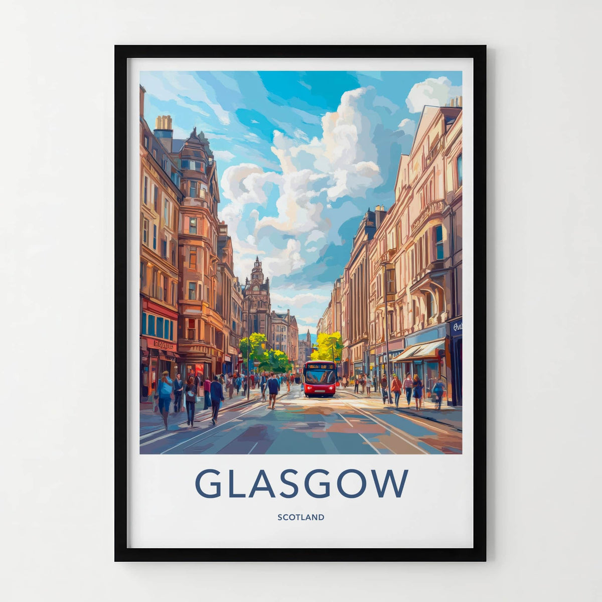 Glasgow Poster - Scotland Wall Art - Red Bus Streetscape Home Decor