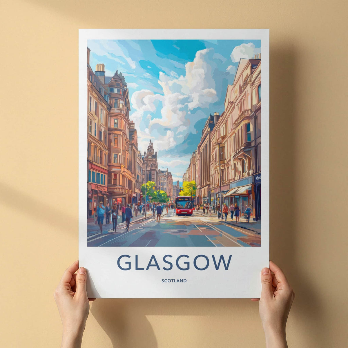 Glasgow Poster - Scotland Wall Art - Red Bus Streetscape Home Decor