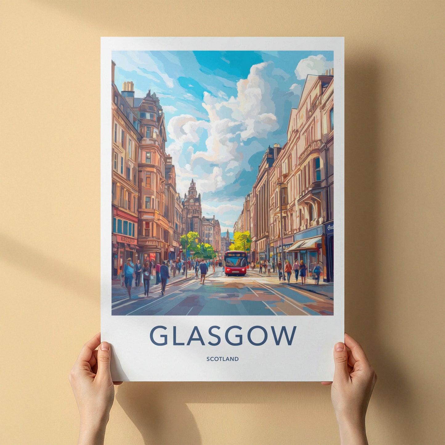Glasgow Poster - Scotland Wall Art - Red Bus Streetscape Home Decor