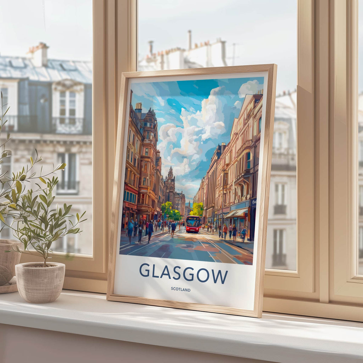 Glasgow Poster - Scotland Wall Art - Red Bus Streetscape Home Decor
