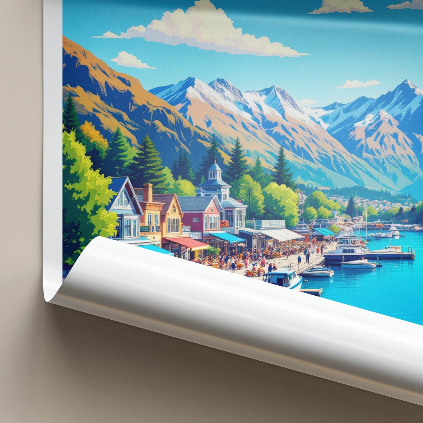 Glenorchy Poster - New Zealand Art Print - Lakeside Mountain Town Wall Decor