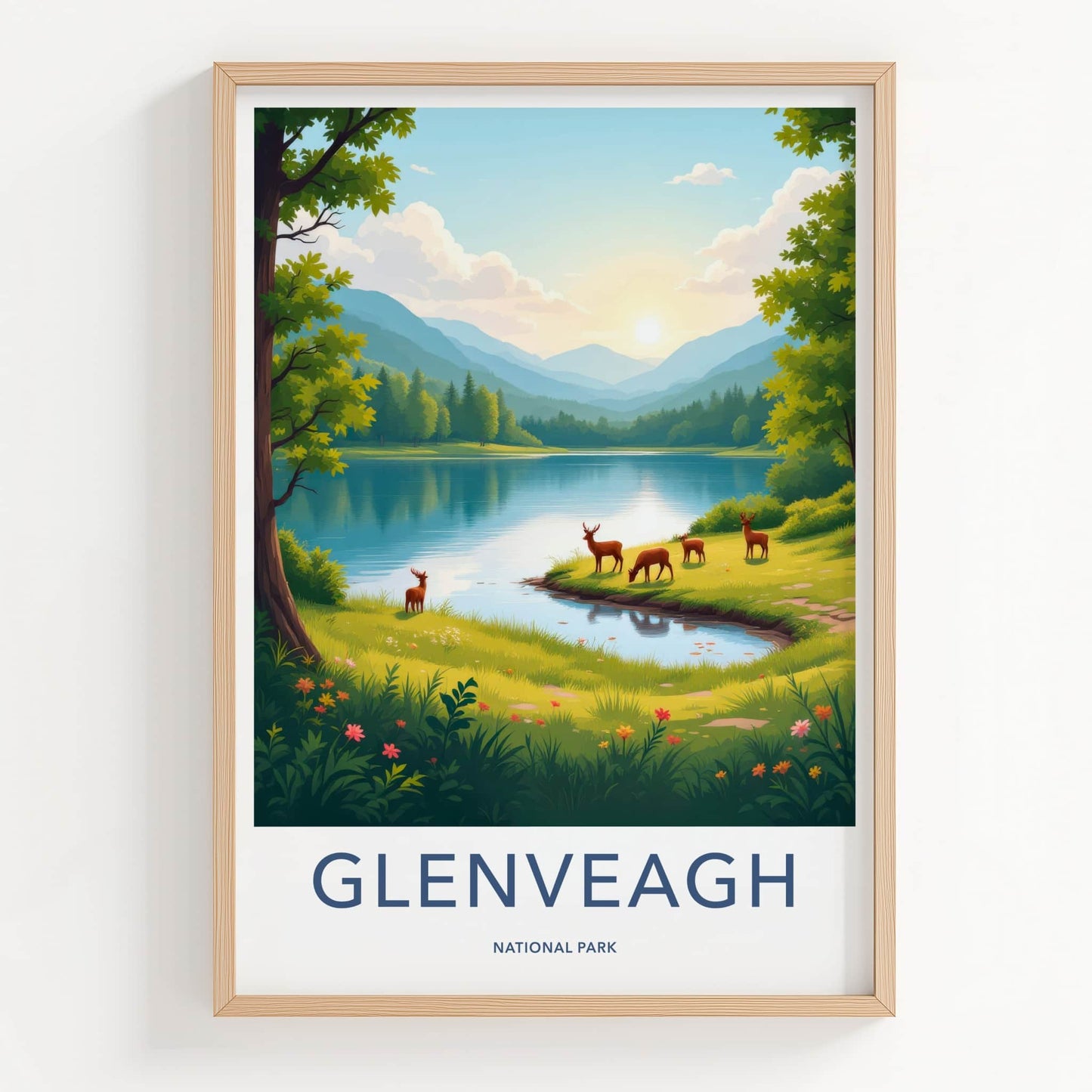 Glenveagh National Park Poster - Ireland Travel Art - Grazing Deer Lakeside Wall Decor