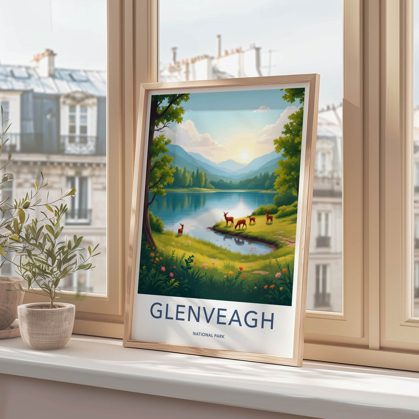 Glenveagh National Park Poster - Ireland Travel Art - Grazing Deer Lakeside Wall Decor