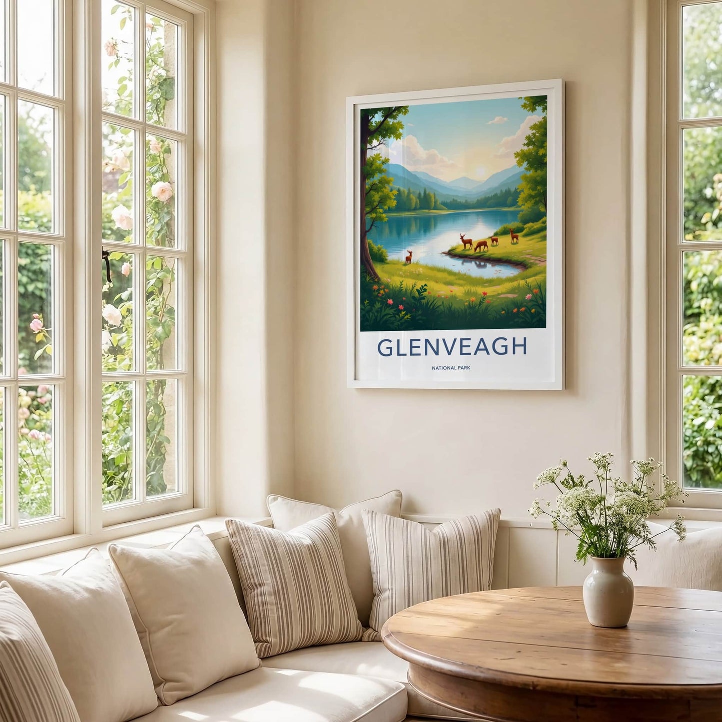 Glenveagh National Park Poster - Ireland Travel Art - Grazing Deer Lakeside Wall Decor