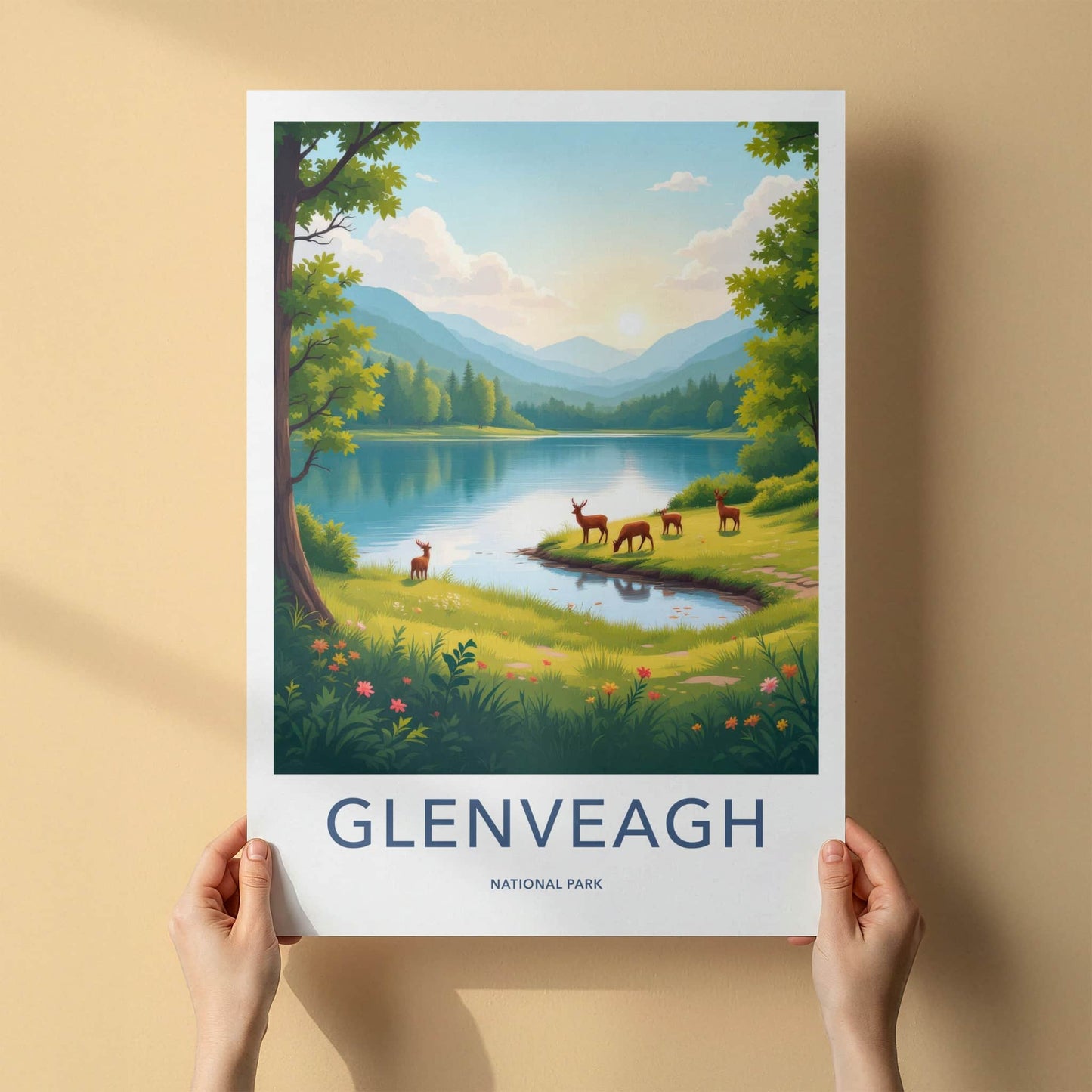 Glenveagh National Park Poster - Ireland Travel Art - Grazing Deer Lakeside Wall Decor