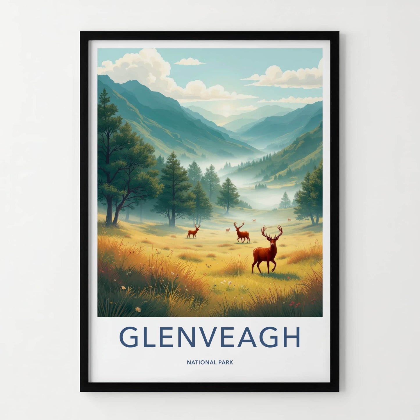 Glenveagh National Park Poster - Ireland Travel Art - Misty Valley Deer Home Decor