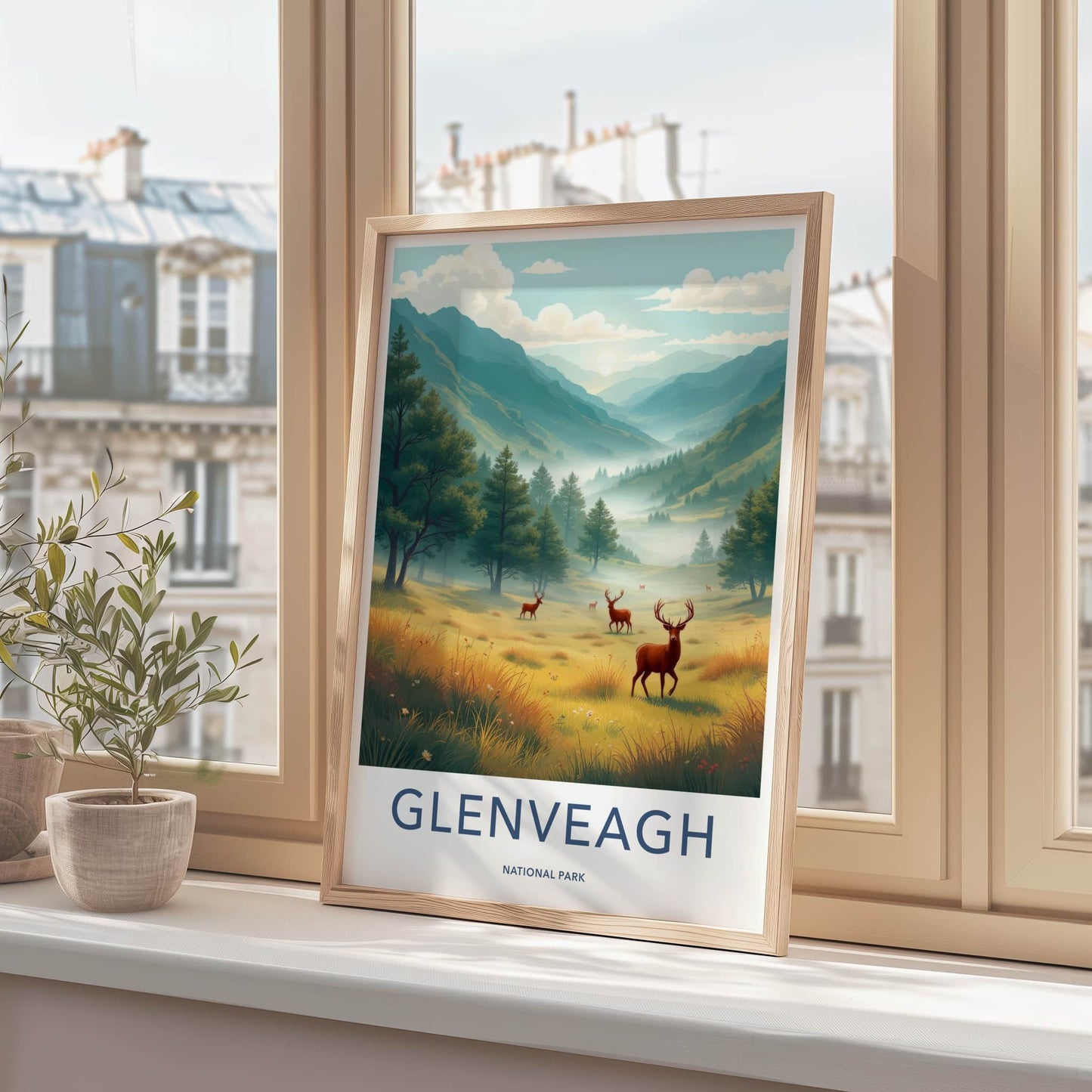 Glenveagh National Park Poster - Ireland Travel Art - Misty Valley Deer Home Decor