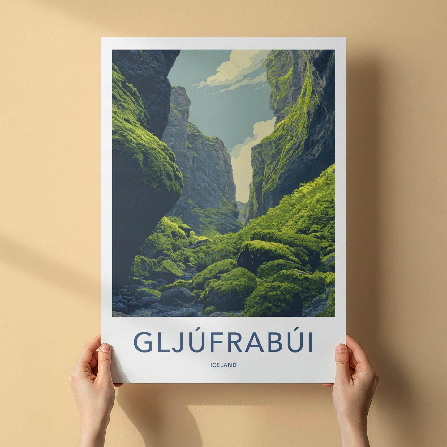 Gljufrabui Poster - Iceland Travel Art - Mossy Green Gorge Wall Decor