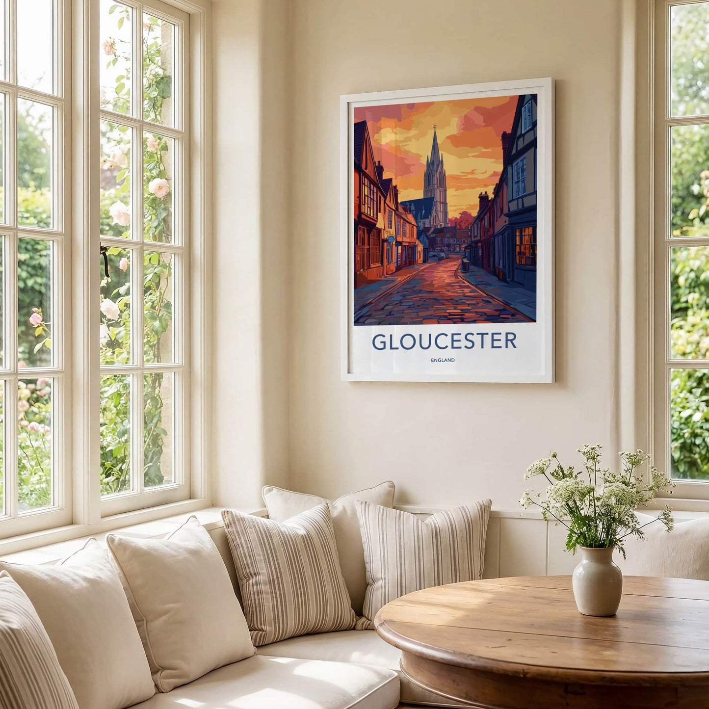 Gloucester Poster - England Travel Art - Sunset Cobblestone Street Wall Decor