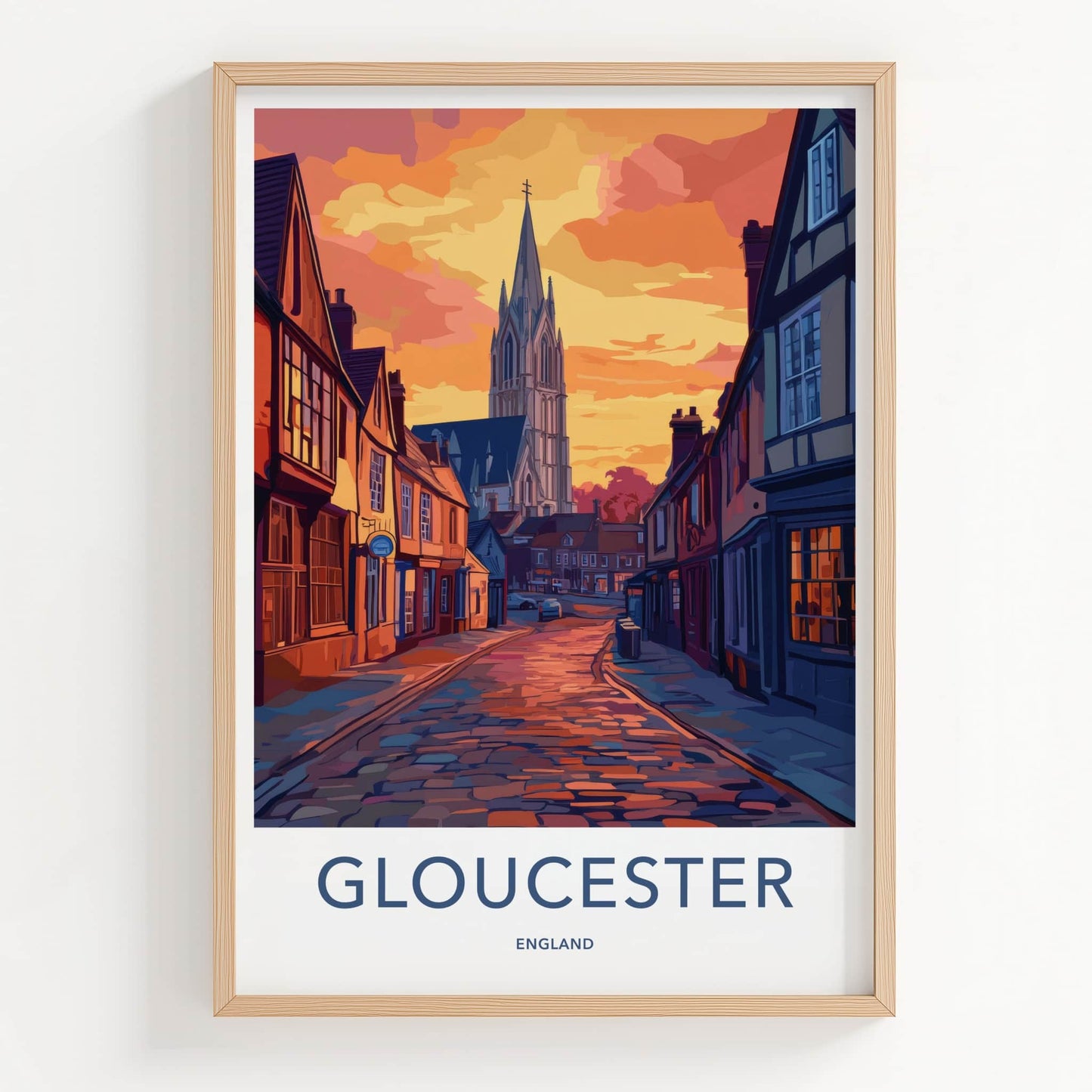 Gloucester Poster - England Travel Art - Sunset Cobblestone Street Wall Decor
