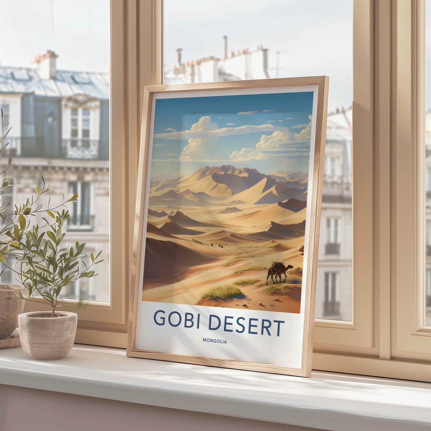 Gobi Desert Poster - Mongolia Travel Art - Camel Caravan Dunes Home Decor