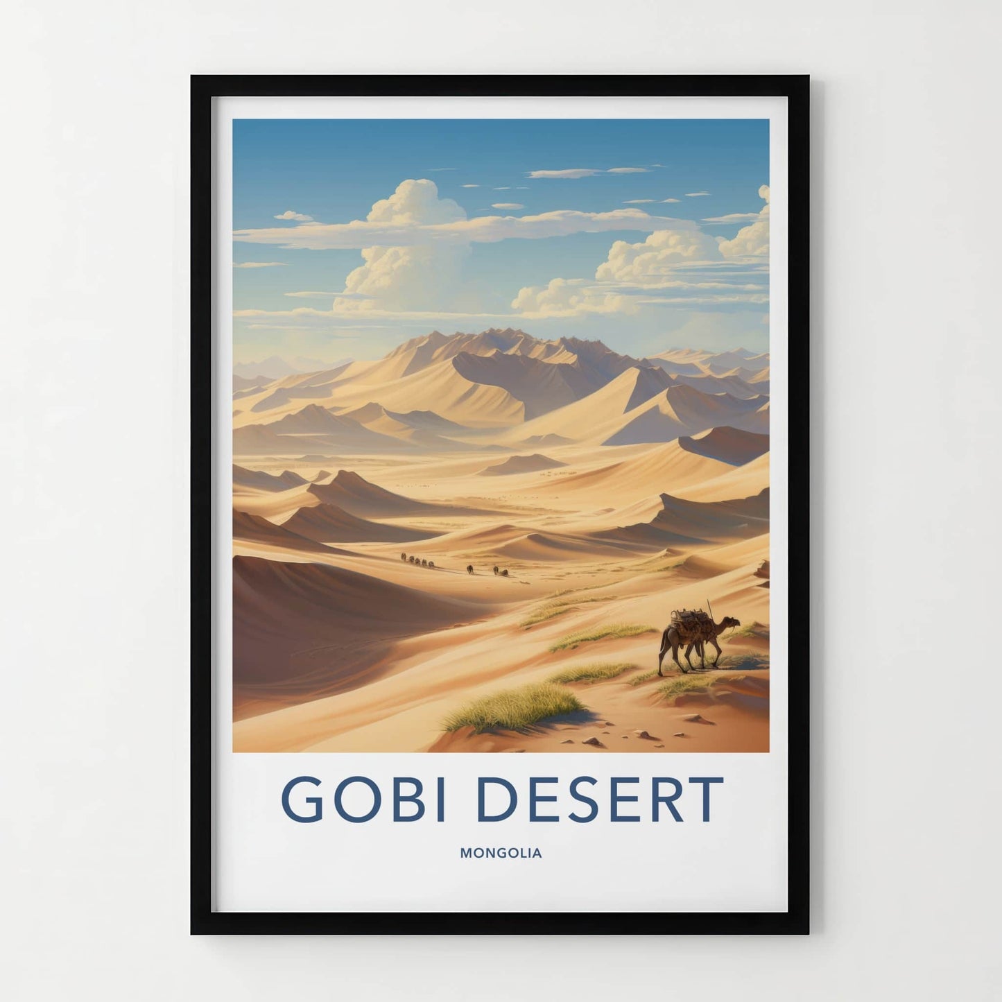 Gobi Desert Poster - Mongolia Travel Art - Camel Caravan Dunes Home Decor