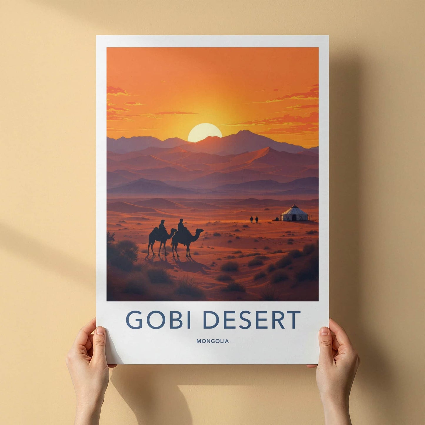 Gobi Desert Poster - Mongolia Travel Art - Desert Sunset Camels Home Decor