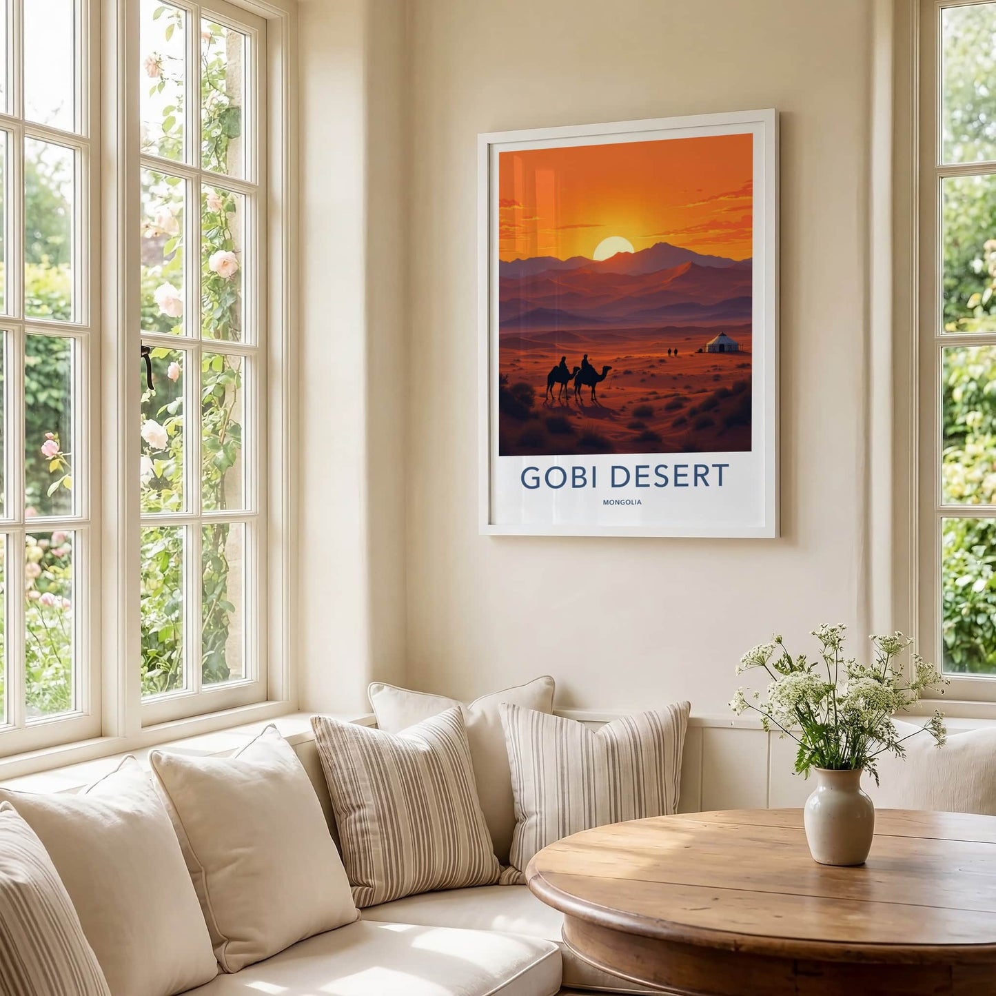 Gobi Desert Poster - Mongolia Travel Art - Desert Sunset Camels Home Decor