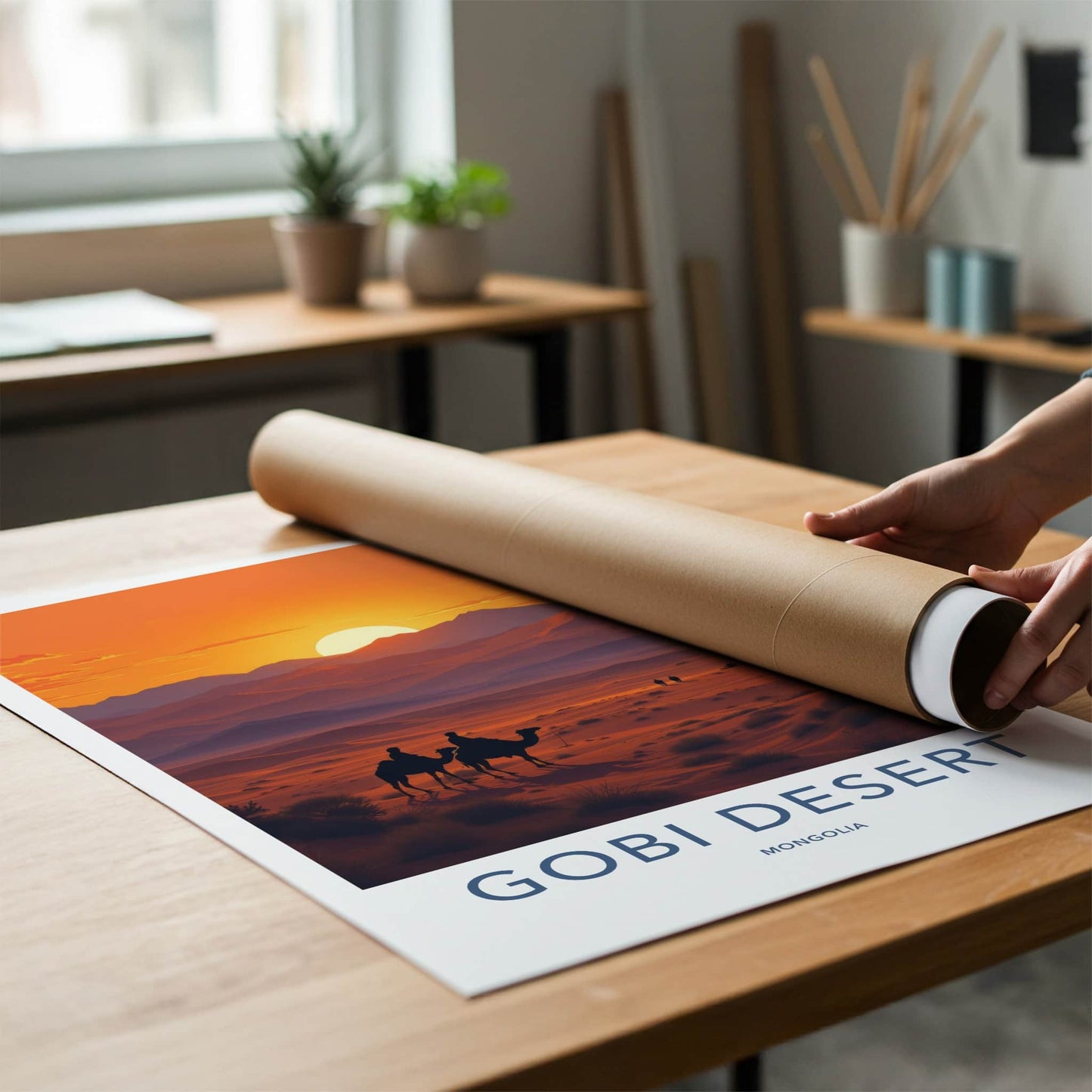 Gobi Desert Poster - Mongolia Travel Art - Desert Sunset Camels Home Decor