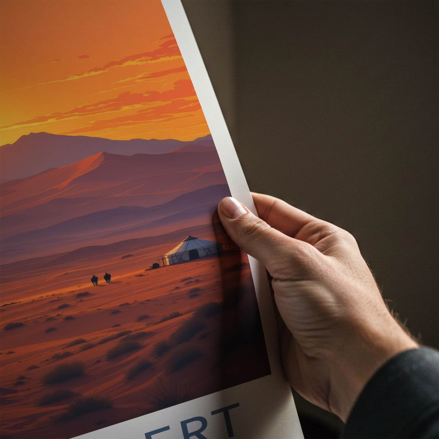Gobi Desert Poster - Mongolia Travel Art - Desert Sunset Camels Home Decor