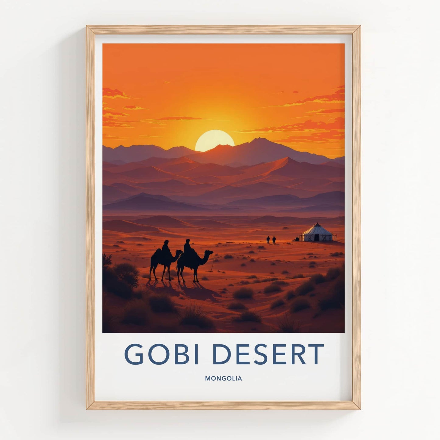 Gobi Desert Poster - Mongolia Travel Art - Desert Sunset Camels Home Decor