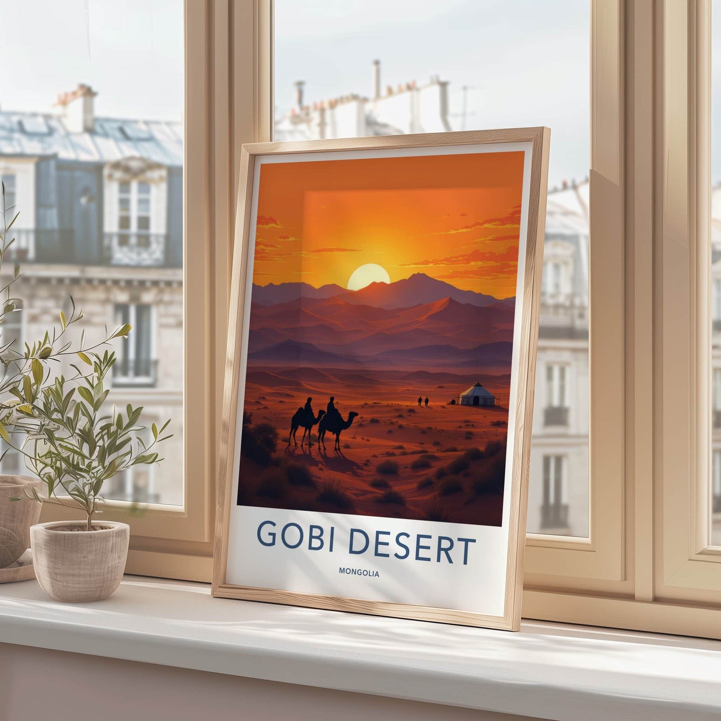 Gobi Desert Poster - Mongolia Travel Art - Desert Sunset Camels Home Decor