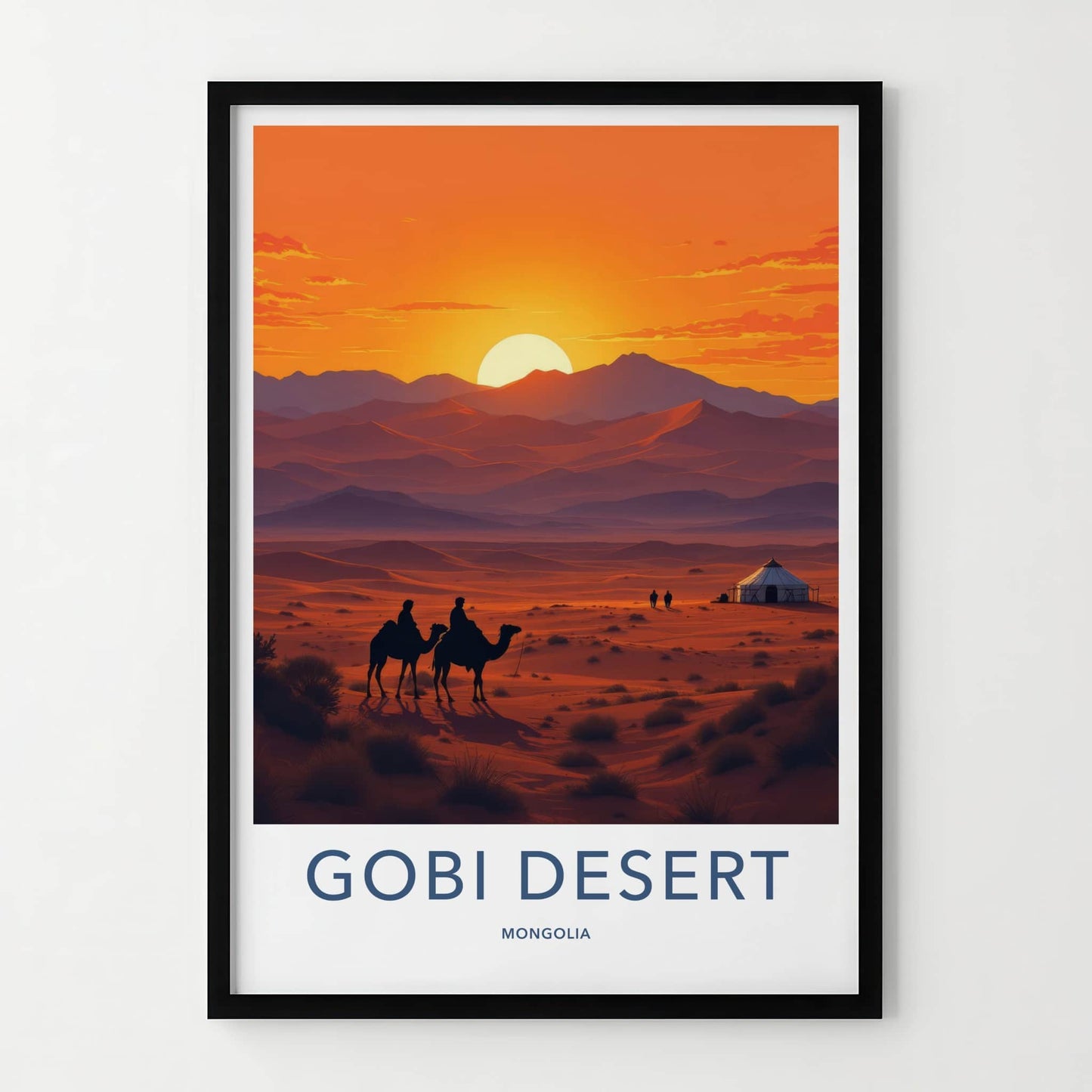 Gobi Desert Poster - Mongolia Travel Art - Desert Sunset Camels Home Decor
