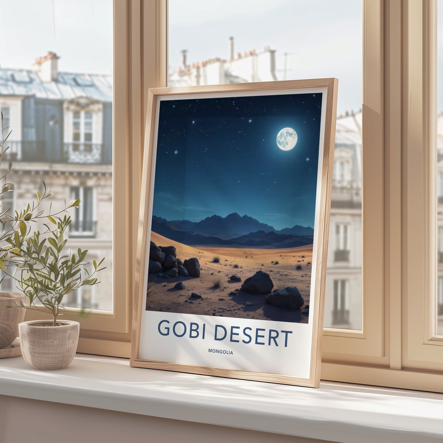 Gobi Desert Poster - Mongolia Travel Art - Moonlit Desert Sky Home Decor