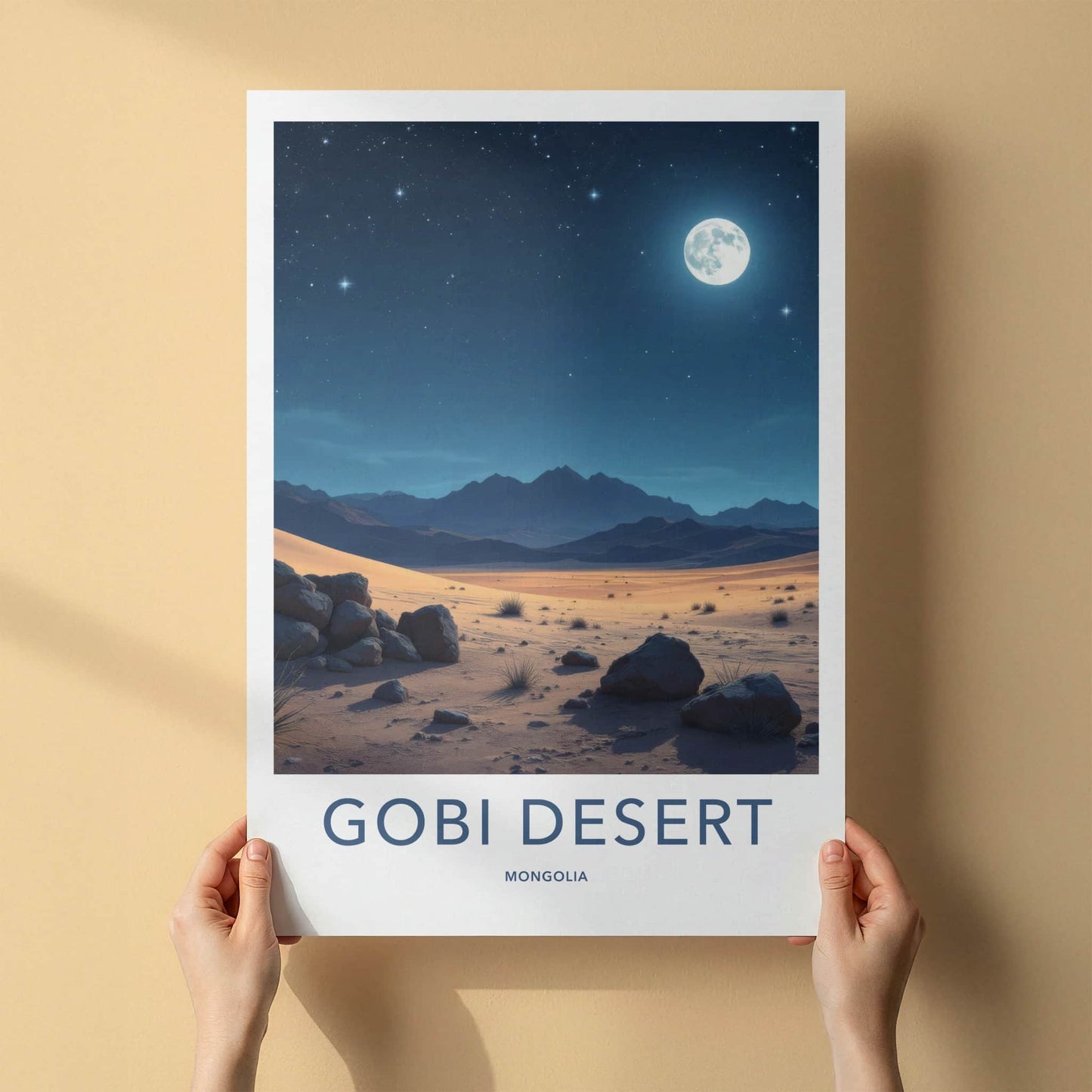 Gobi Desert Poster - Mongolia Travel Art - Moonlit Desert Sky Home Decor