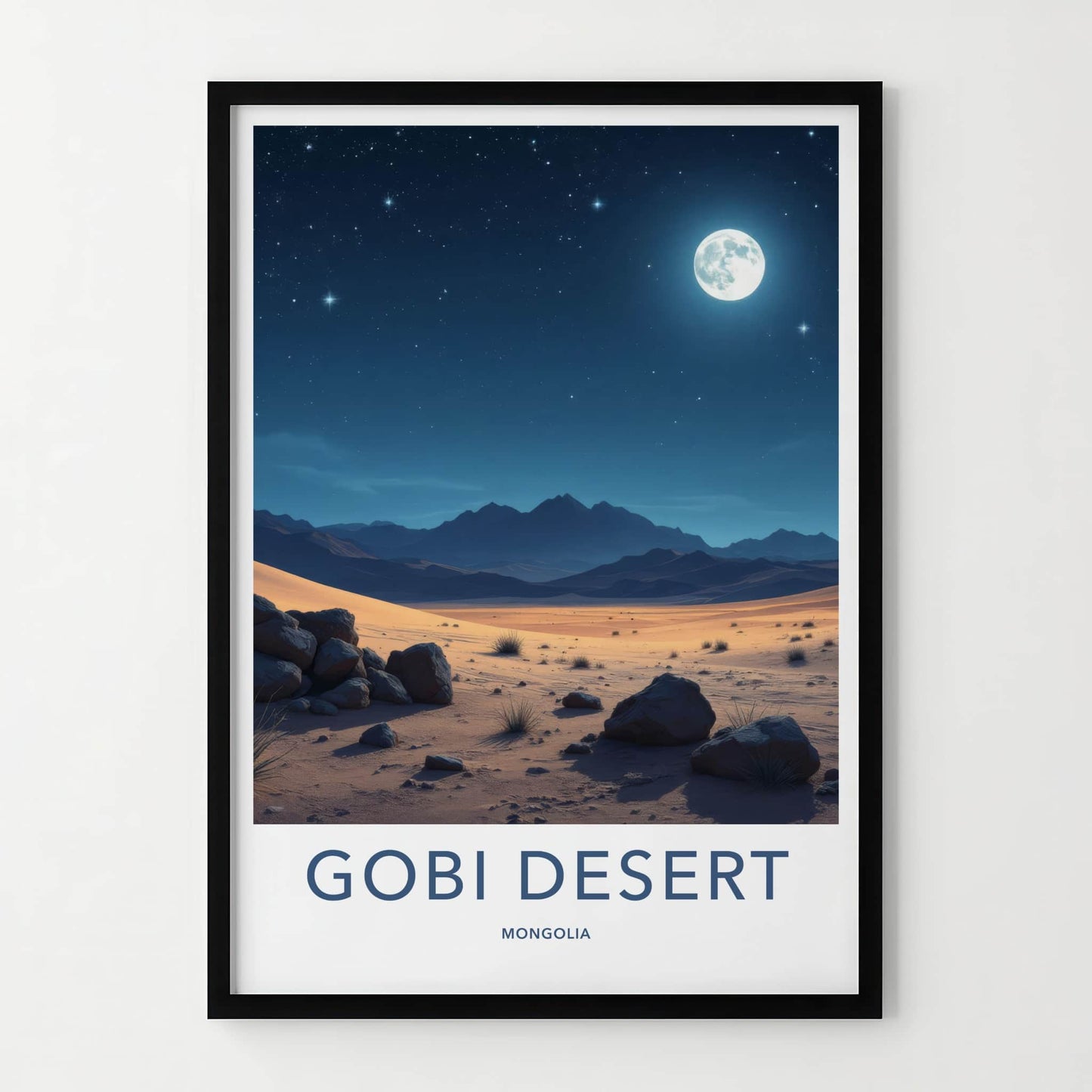 Gobi Desert Poster - Mongolia Travel Art - Moonlit Desert Sky Home Decor