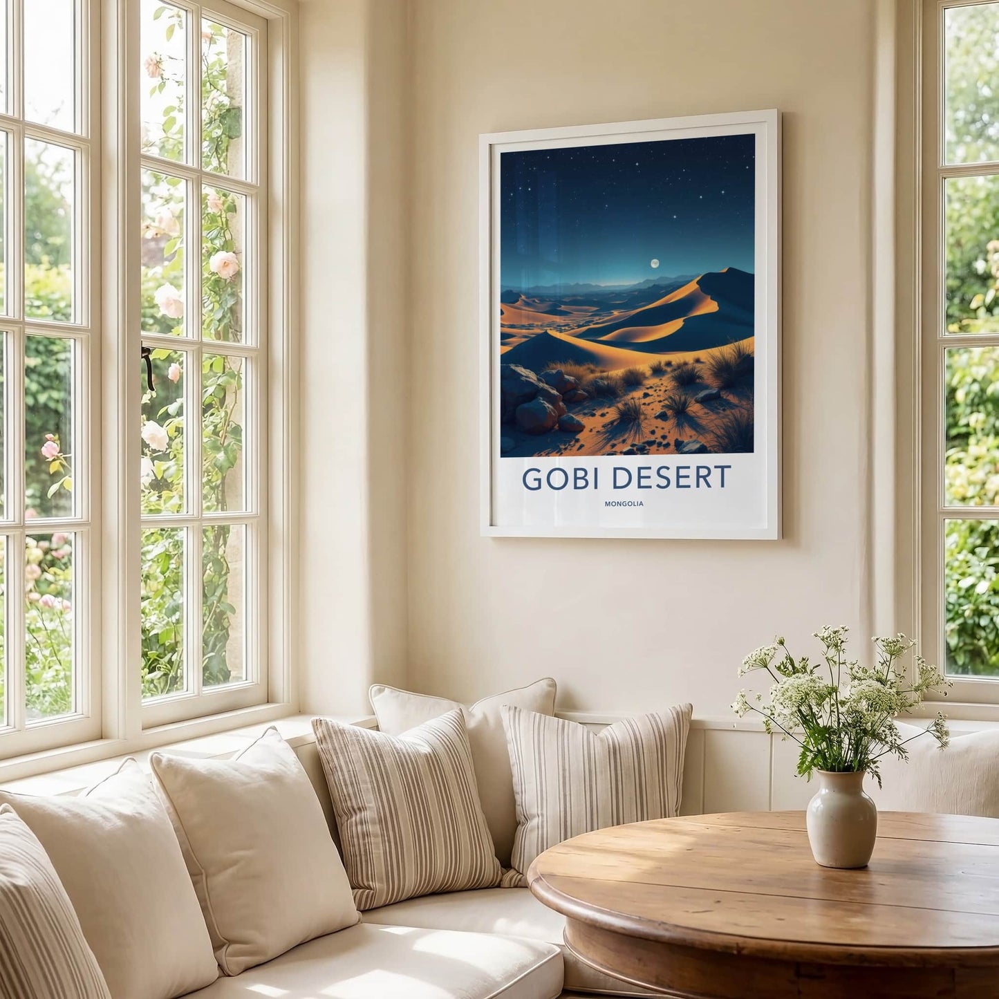 Gobi Desert Poster - Mongolia Travel Print - Moonlit Sand Dunes Wall Decor