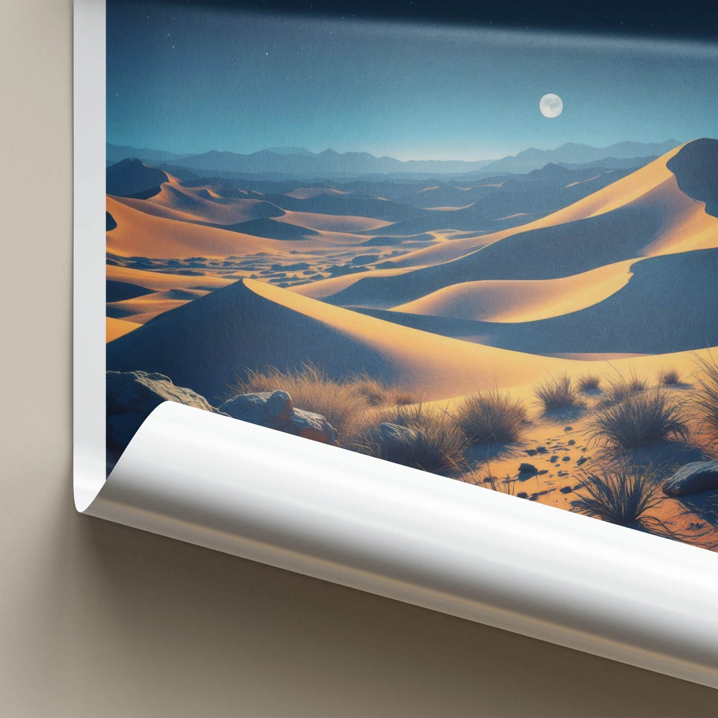 Gobi Desert Poster - Mongolia Travel Print - Moonlit Sand Dunes Wall Decor
