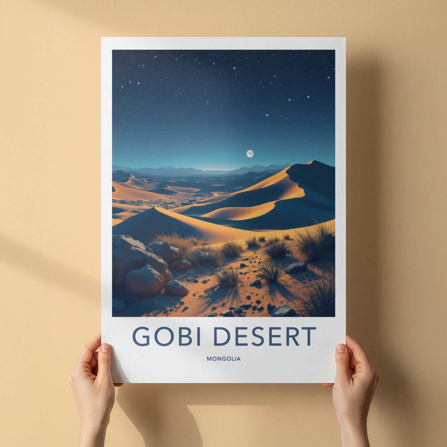 Gobi Desert Poster - Mongolia Travel Print - Moonlit Sand Dunes Wall Decor