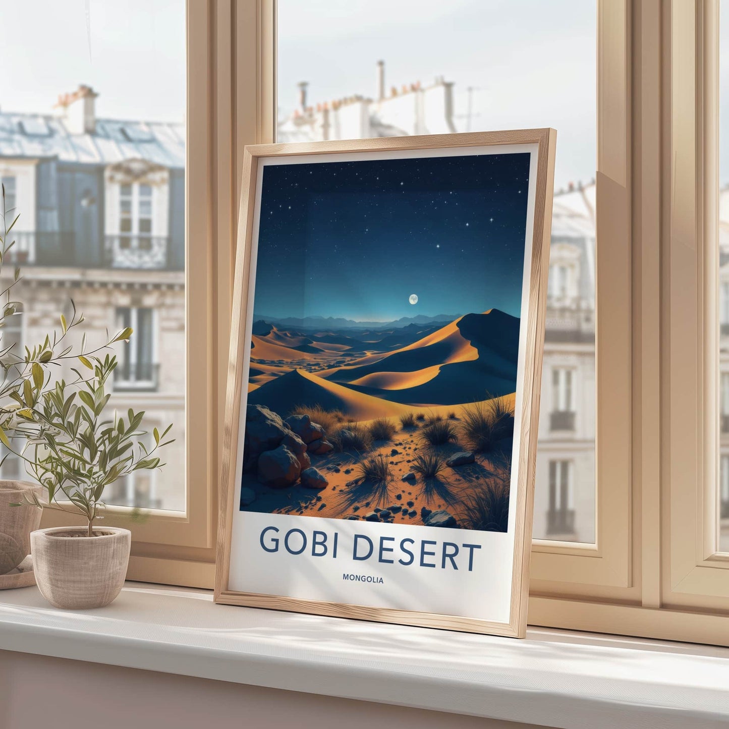 Gobi Desert Poster - Mongolia Travel Print - Moonlit Sand Dunes Wall Decor