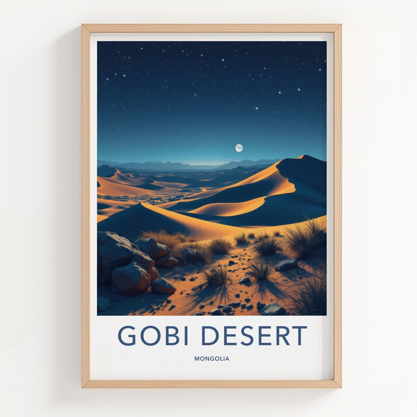 Gobi Desert Poster - Mongolia Travel Print - Moonlit Sand Dunes Wall Decor