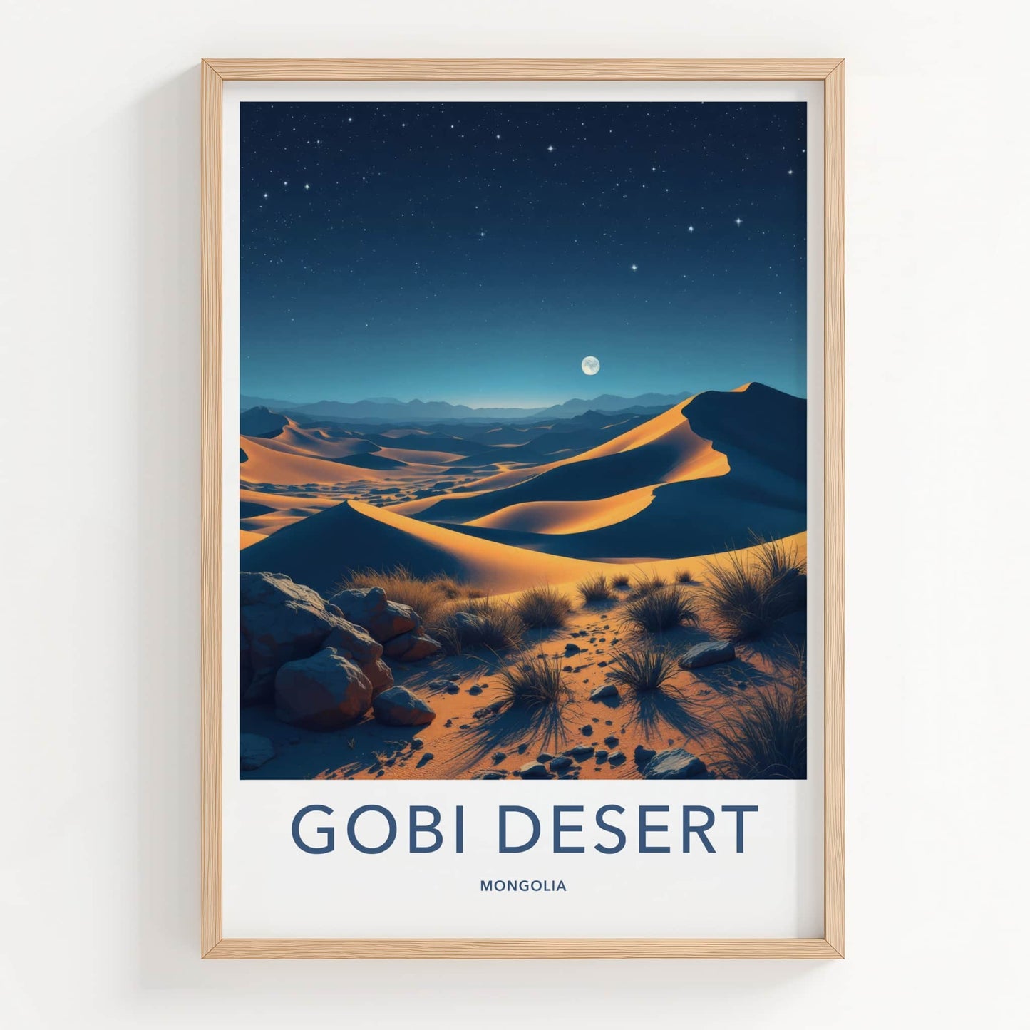 Gobi Desert Poster - Mongolia Travel Print - Moonlit Sand Dunes Wall Decor