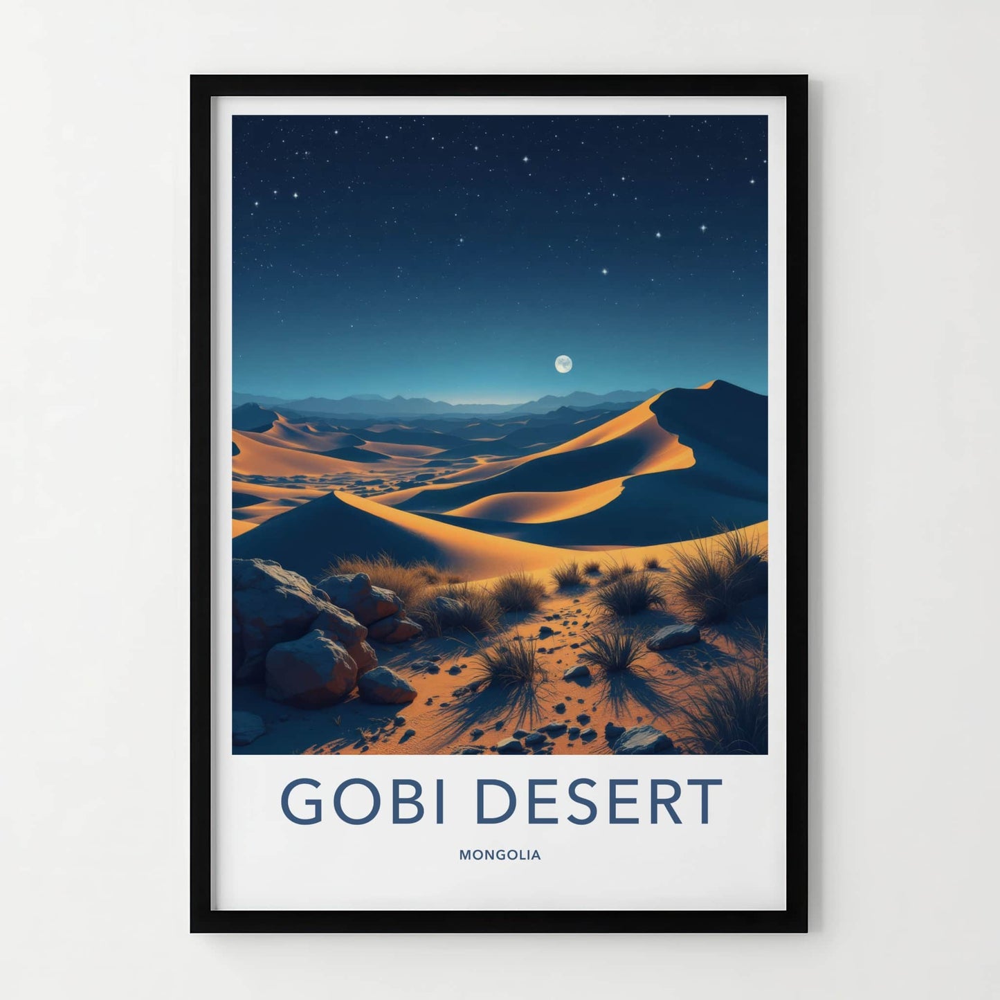 Gobi Desert Poster - Mongolia Travel Print - Moonlit Sand Dunes Wall Decor