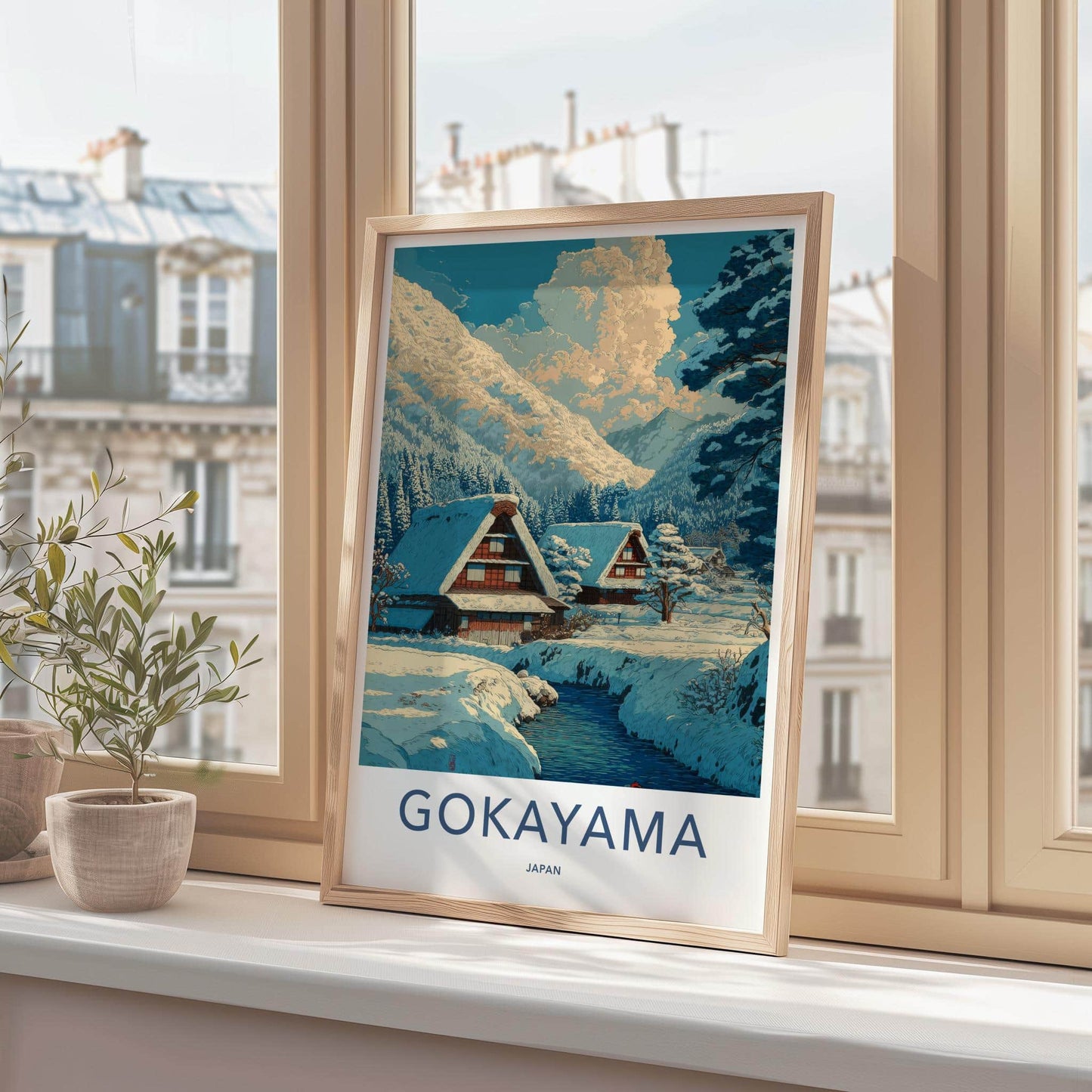 Gokayama Poster - Japan Travel Art - Snowy Village River Home Decor