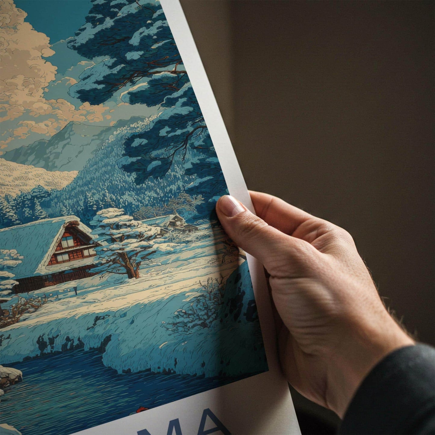 Gokayama Poster - Japan Travel Art - Snowy Village River Home Decor