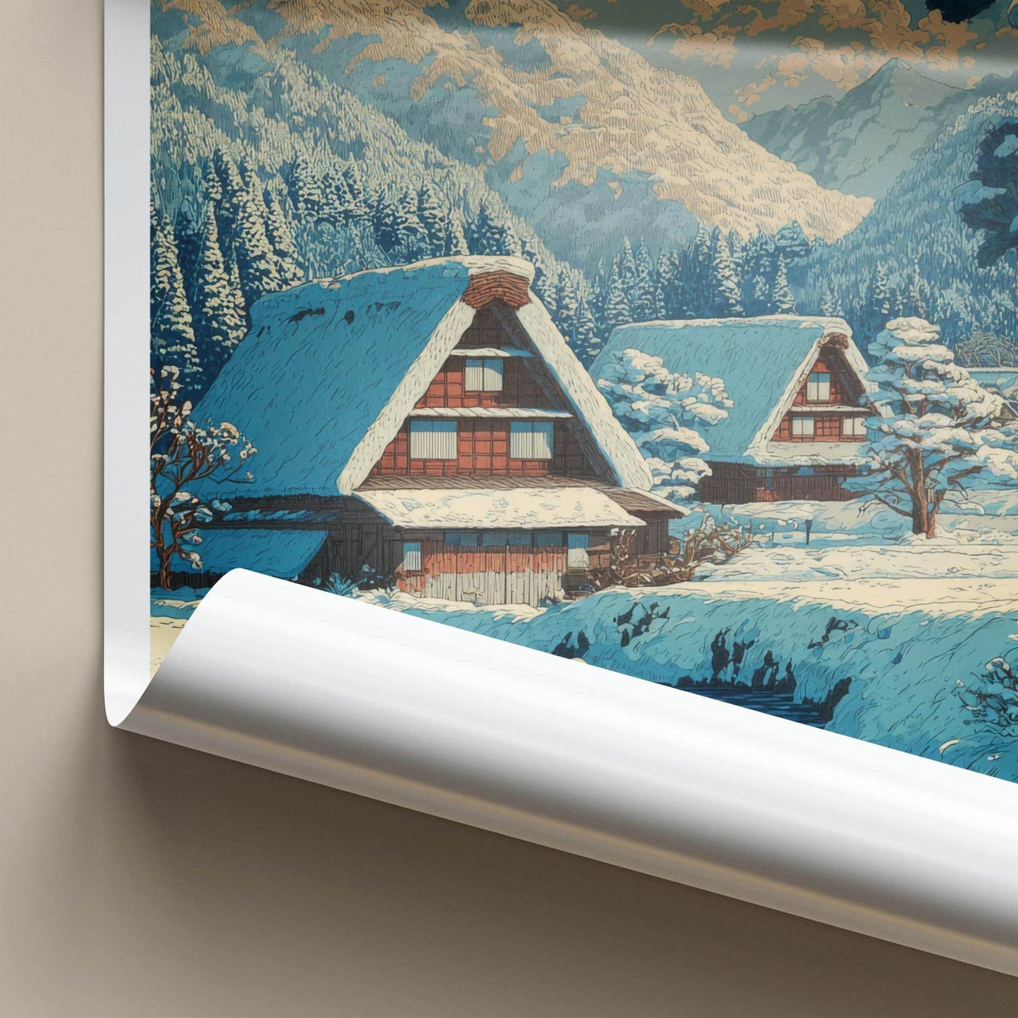 Gokayama Poster - Japan Travel Art - Snowy Village River Home Decor