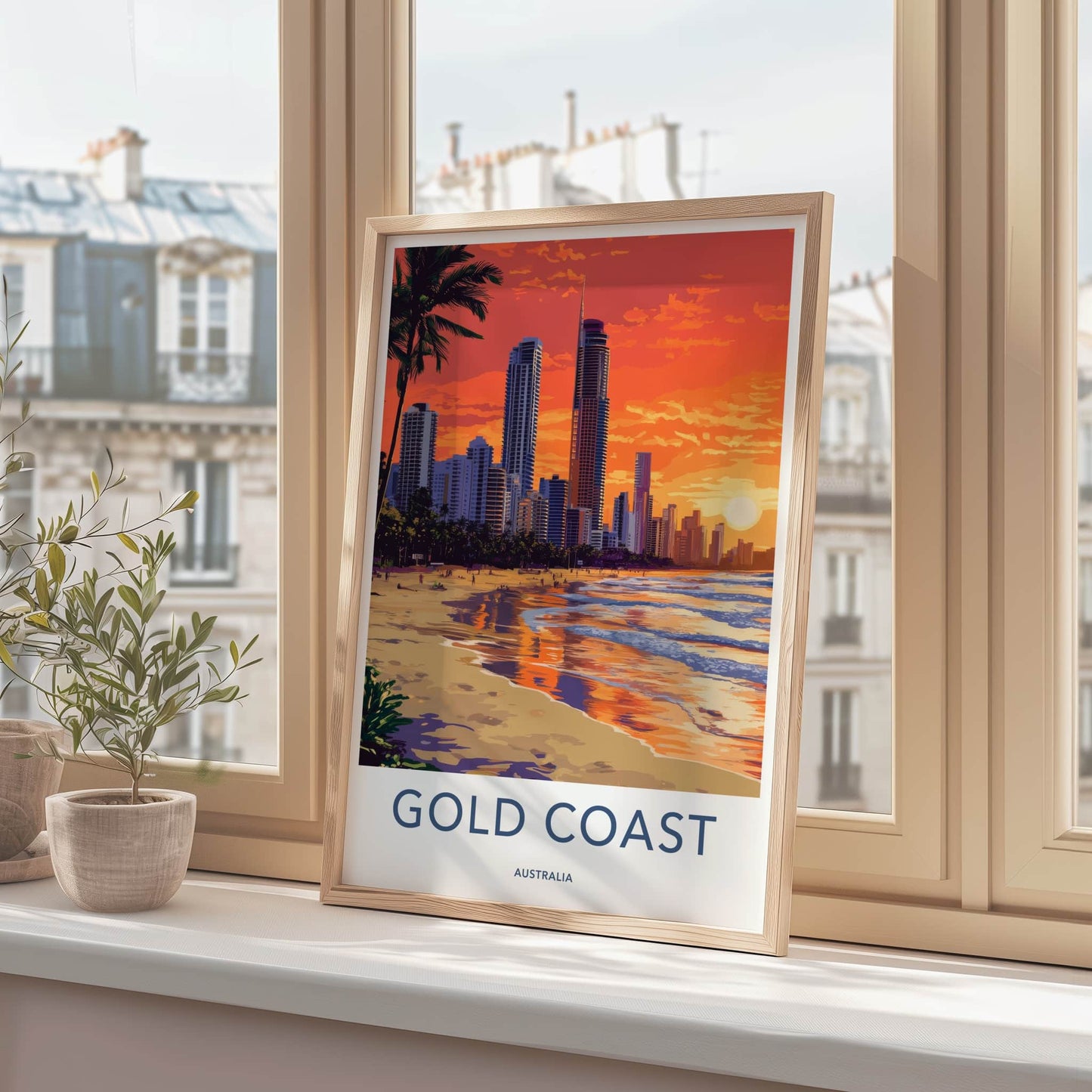 Gold Coast Poster - Australia Travel Art - Oceanfront Skyline Sunset Wall Decor