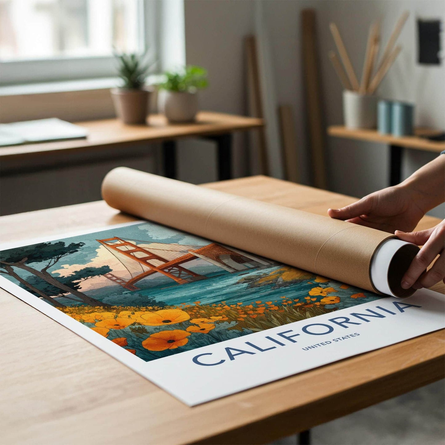 Golden Gate Bridge Poster - California Travel Art - Poppies Golden Bridge Home Decor