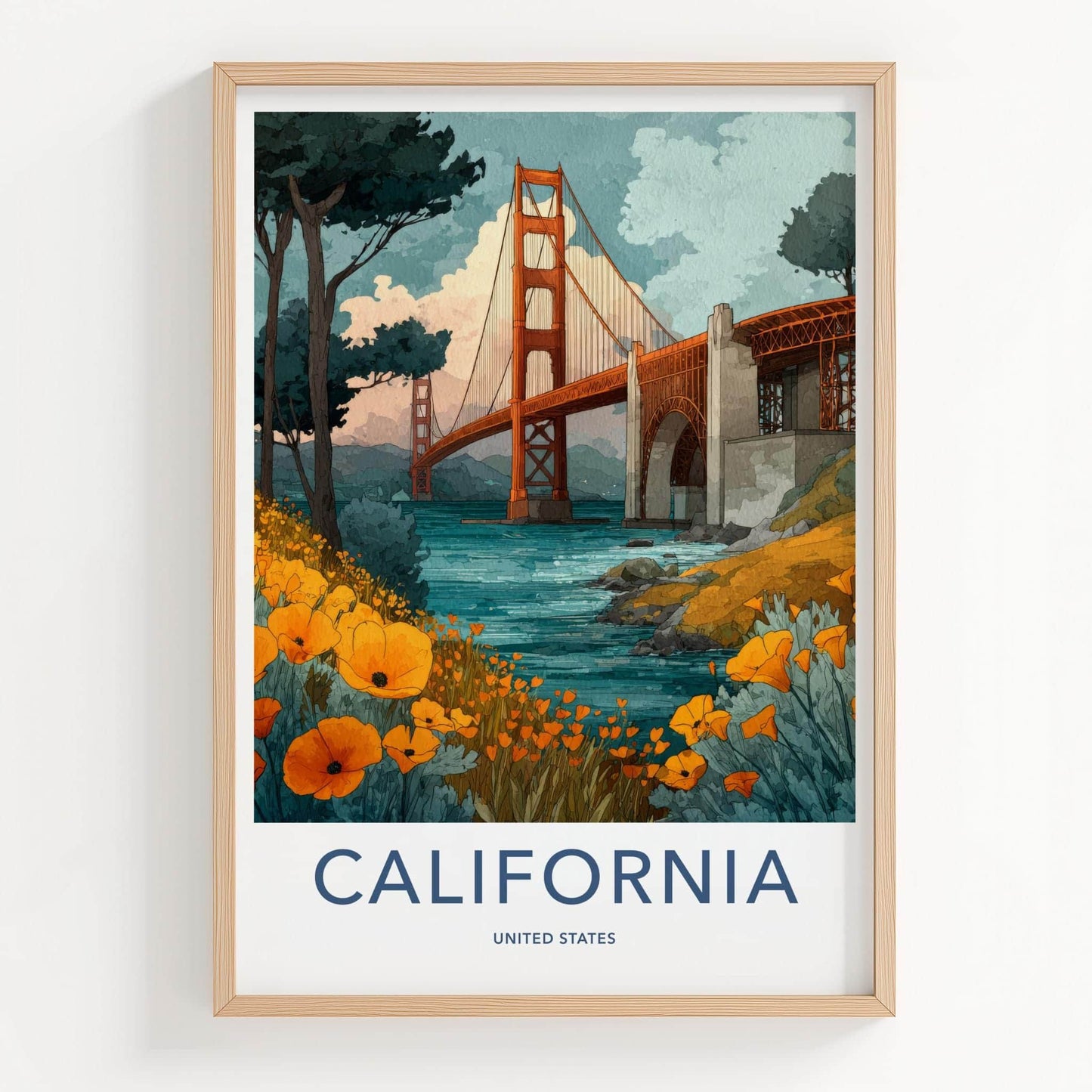 Golden Gate Bridge Poster - California Travel Art - Poppies Golden Bridge Home Decor