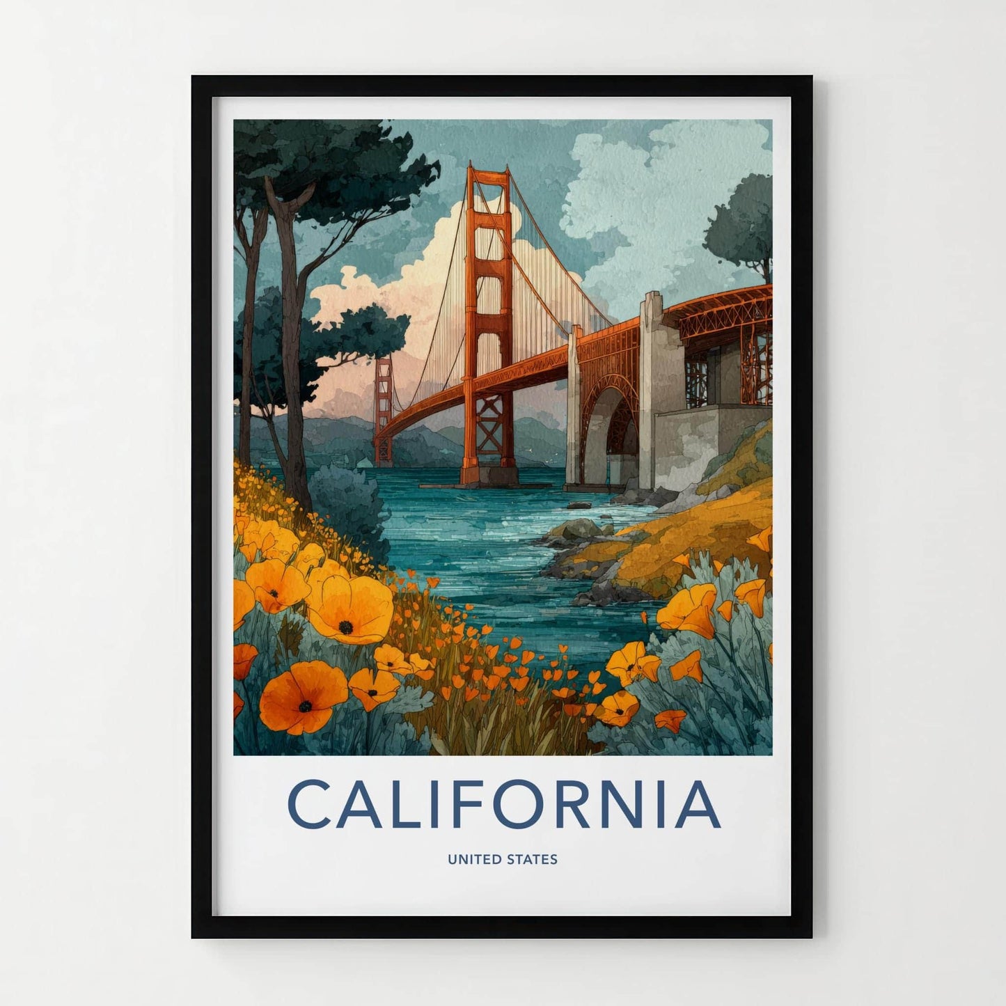 Golden Gate Bridge Poster - California Travel Art - Poppies Golden Bridge Home Decor