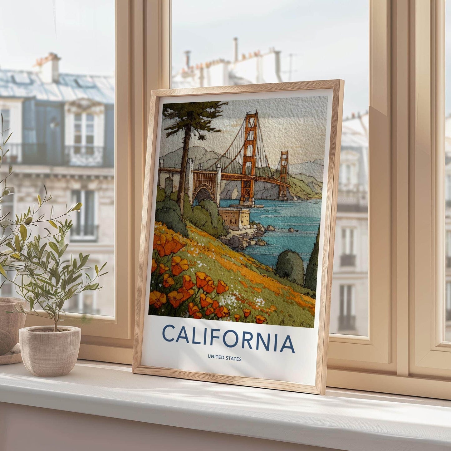 Golden Gate Bridge Poster - California Travel Art - Poppy Field Vista Wall Decor