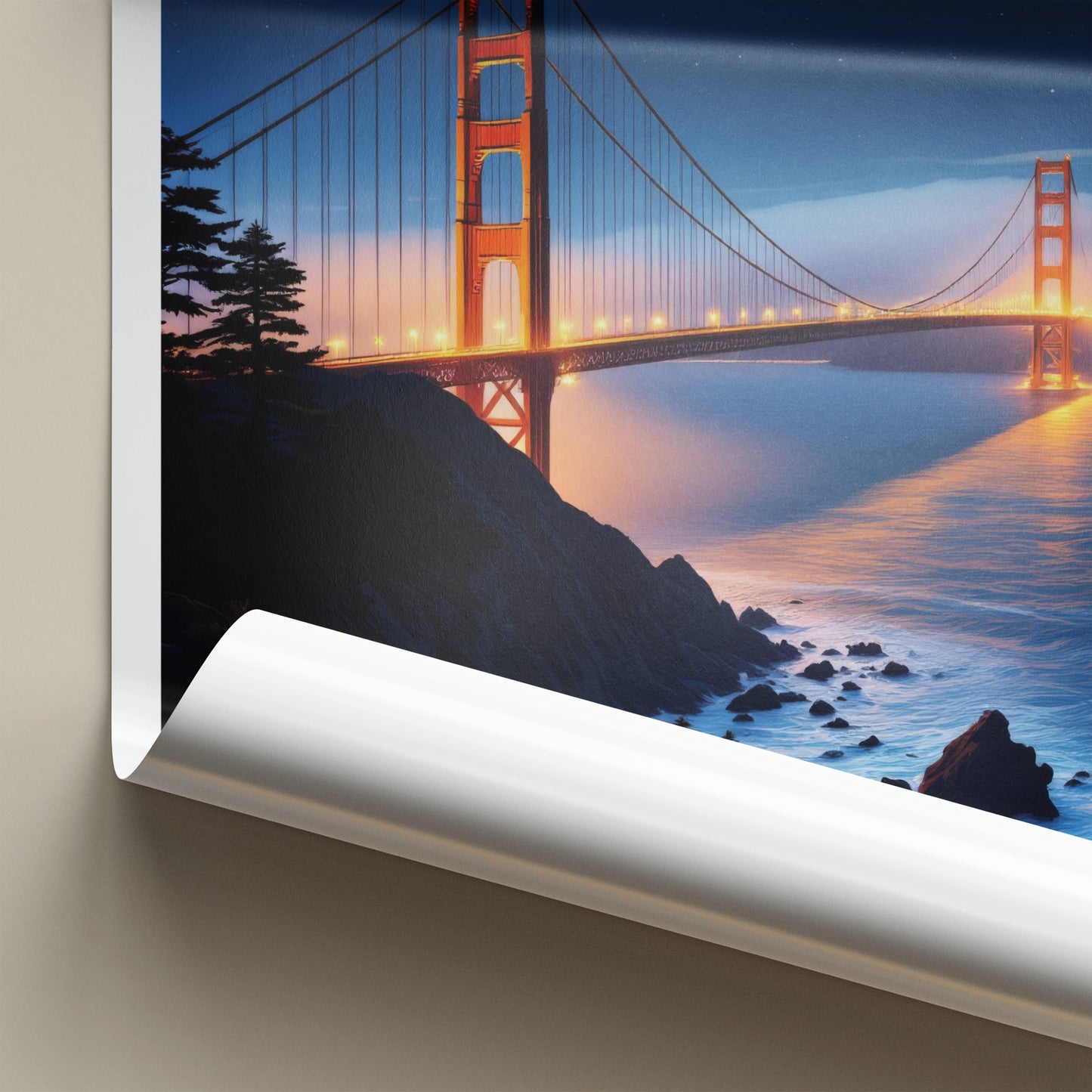 Golden Gate Bridge Poster - California Travel Art - Starry Night Lights Wall Decor