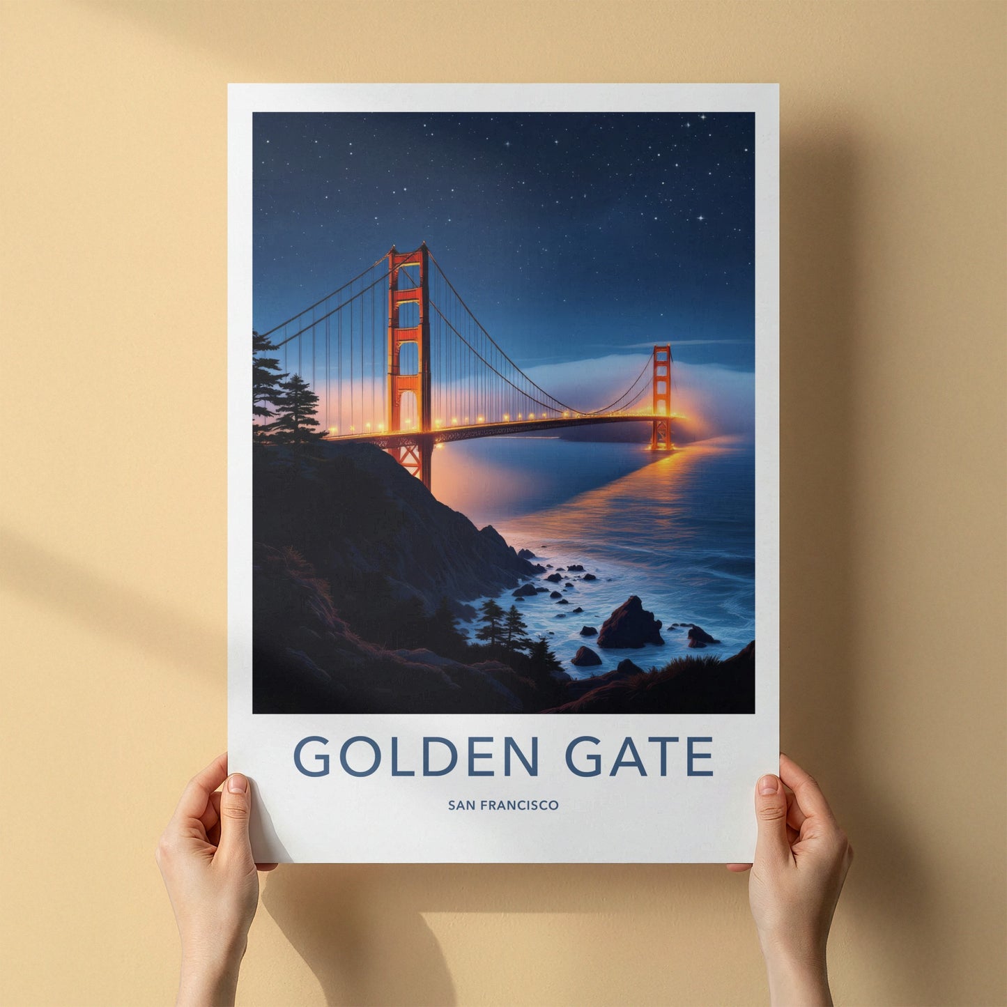 Golden Gate Bridge Poster - California Travel Art - Starry Night Lights Wall Decor