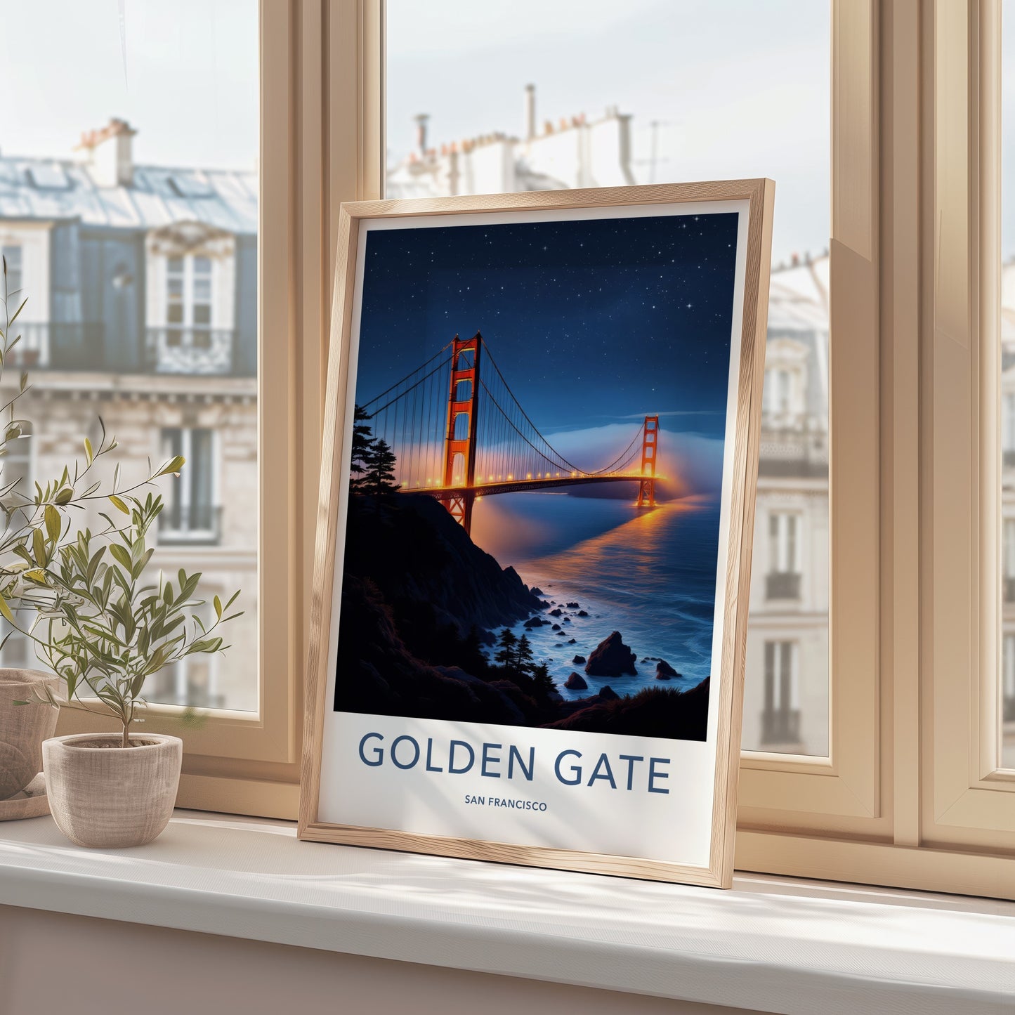 Golden Gate Bridge Poster - California Travel Art - Starry Night Lights Wall Decor